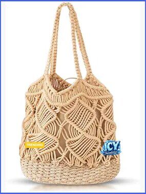 Handwoven Knitted Straw Tote Beach Bag with Lining